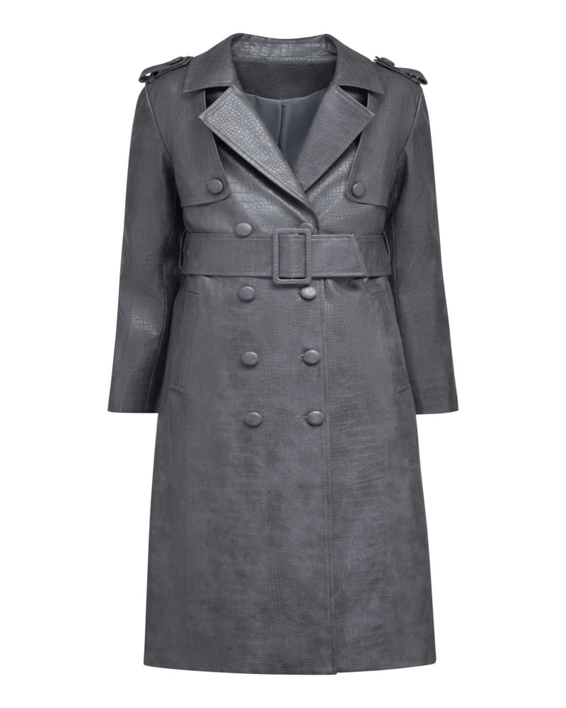 Front of a size 4X The Jodi Snakeskin Trench Coat in Grey by Hilary MacMillan. | dia_product_style_image_id:330519